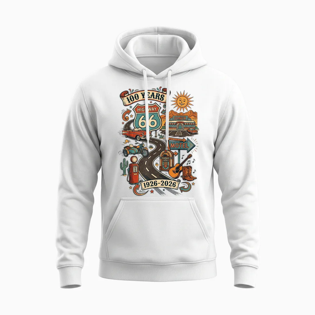 Highway 66 100 Years Centennial 1926-2026 Road Trip Vintage Unisex Hoodie in White