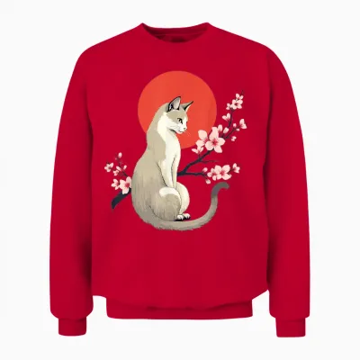 Japanese Aesthetic Cat with Cherry Blossoms Sakura T-Shirt, Blue, S Unisex Sweatshirt - Red