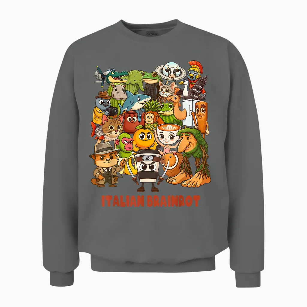 Italian Brainrot Meme Compilation Cute Comfortable Anime Style Unisex Sweatshirt in Graphite Heather