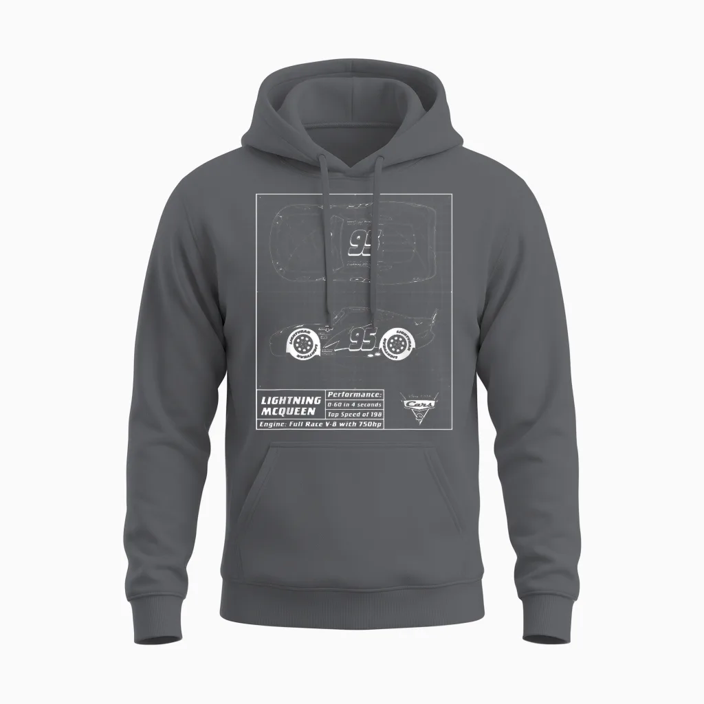 Cars Lightning Mcqueen Blueprint T-Shirt, Black Unisex Hoodie in Charcoal