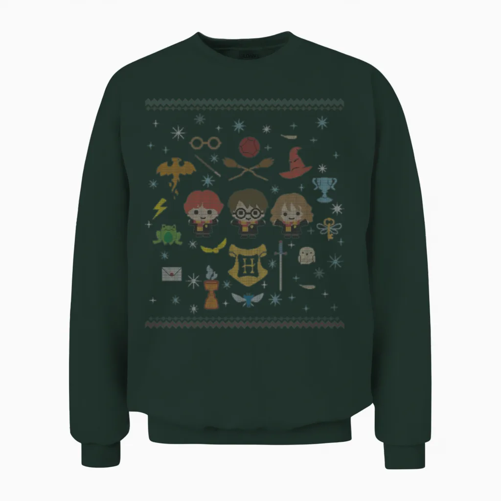 Harry Potter Ugly Christmas Chibi Design Unisex Sweatshirt in Forest