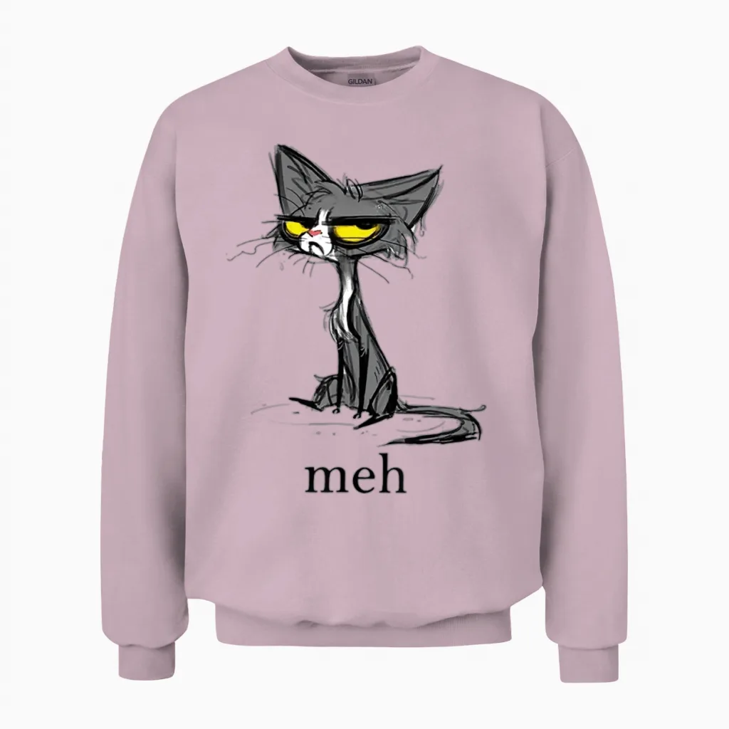 Funny Meh Cat Gift for Cat Lovers Unisex Sweatshirt in Light Pink