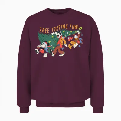 Amazon Essentials Men's Mickey Mouse Goofy and Donald Christmas Tree Topping Fun T-Shirt, Black Graphic Print, Small Unisex Sweatshirt - Maroon