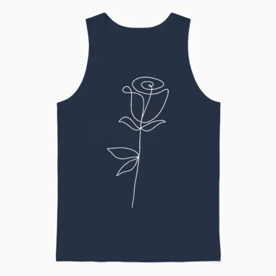 One Line Art Rose Flower Minimalist Modern White Aesthetic T-Shirt, Black Unisex Tank Top - Navy