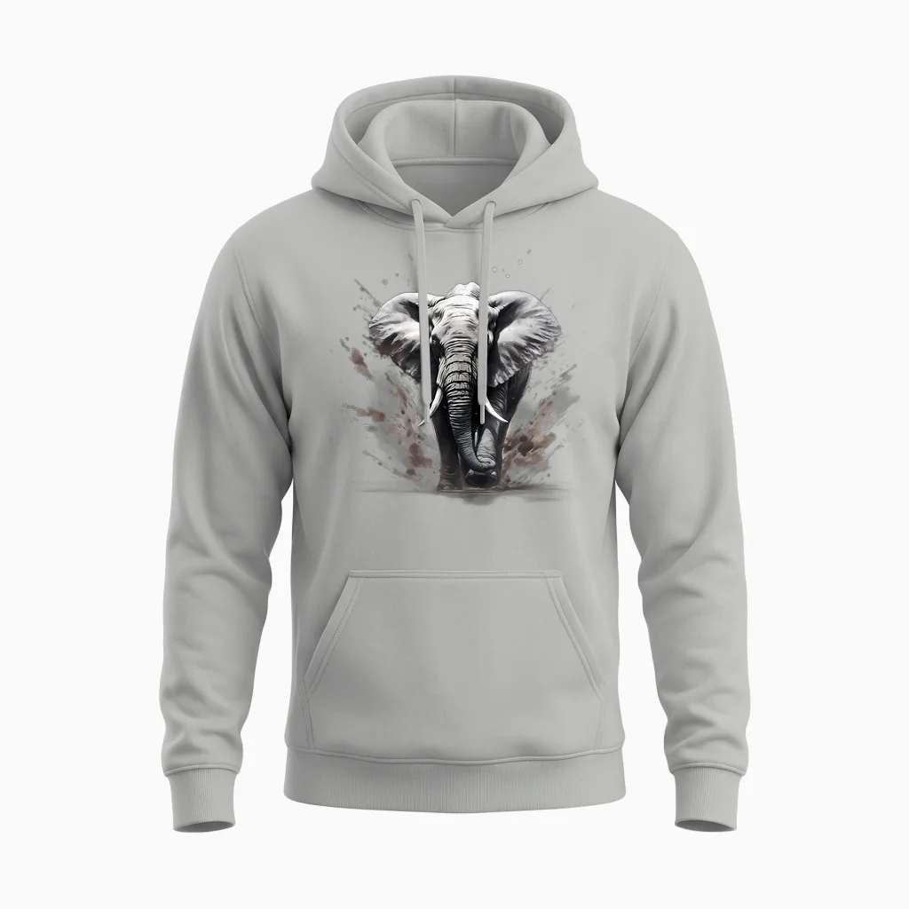 Elephant Drawing Motif Wildlife Splash Nature Animal Print T-Shirt, Black Unisex Hoodie in Ash