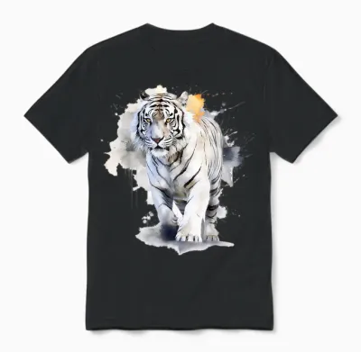 White Tiger Lover Artwork | Animal Motif Tiger T-Shirt, White Unisex T-Shirt - Black