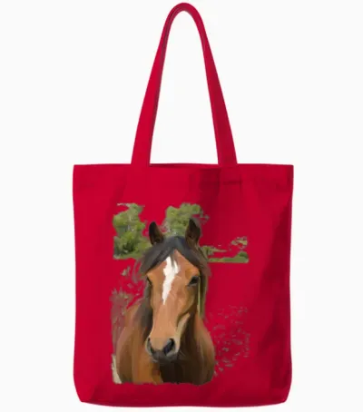 Wild Horse Portrait in Rustic Greens Tote Bags - Red