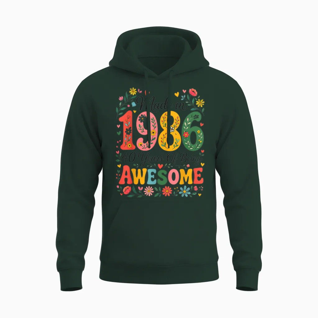 40 Year Old Made in 1986 Retro Floral 40th Birthday Women Unisex Hoodie in Forest