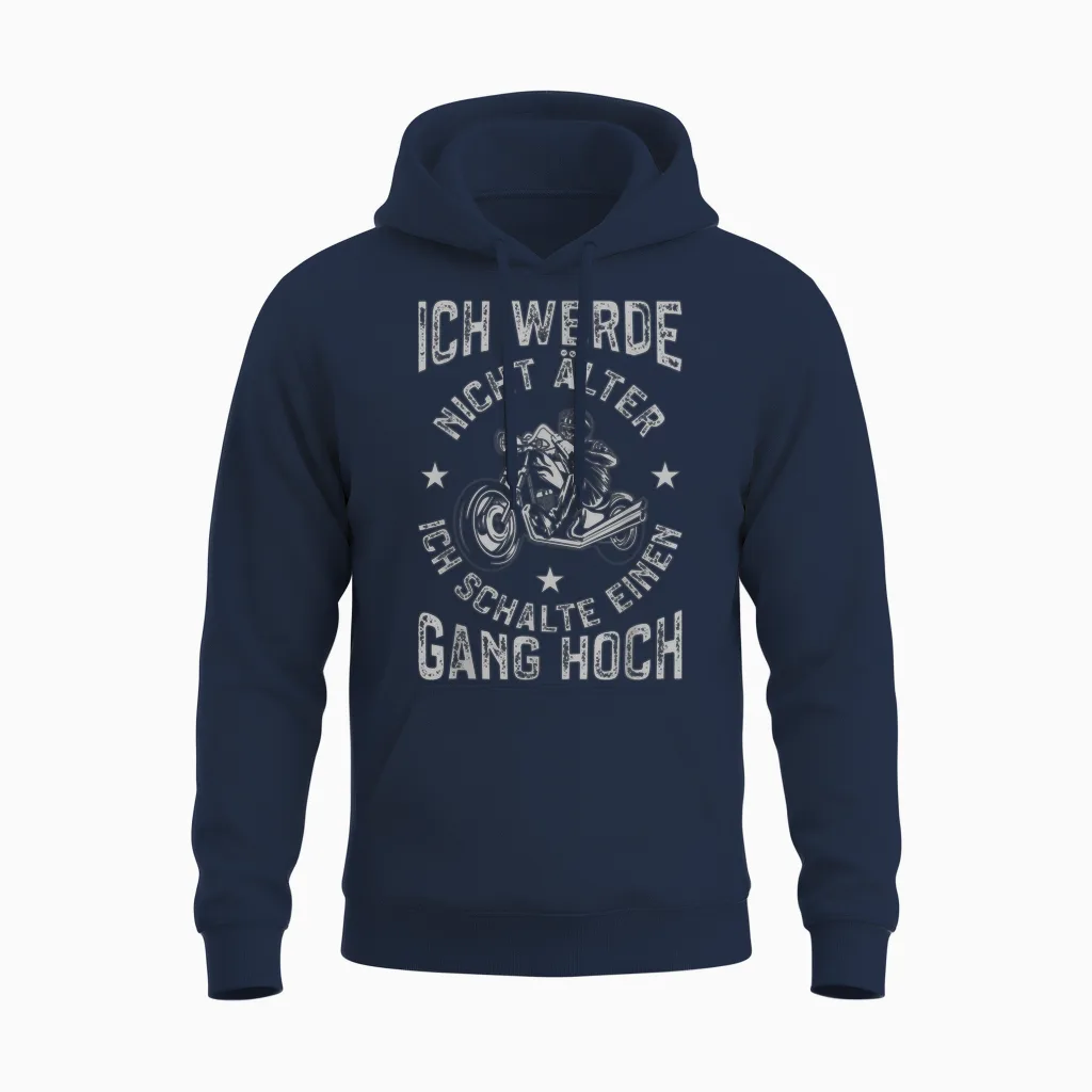 Men's Motorcycle T-Shirt with Funny Motorcycle Ich Werde Nicht Older, Black Unisex Hoodie in Navy