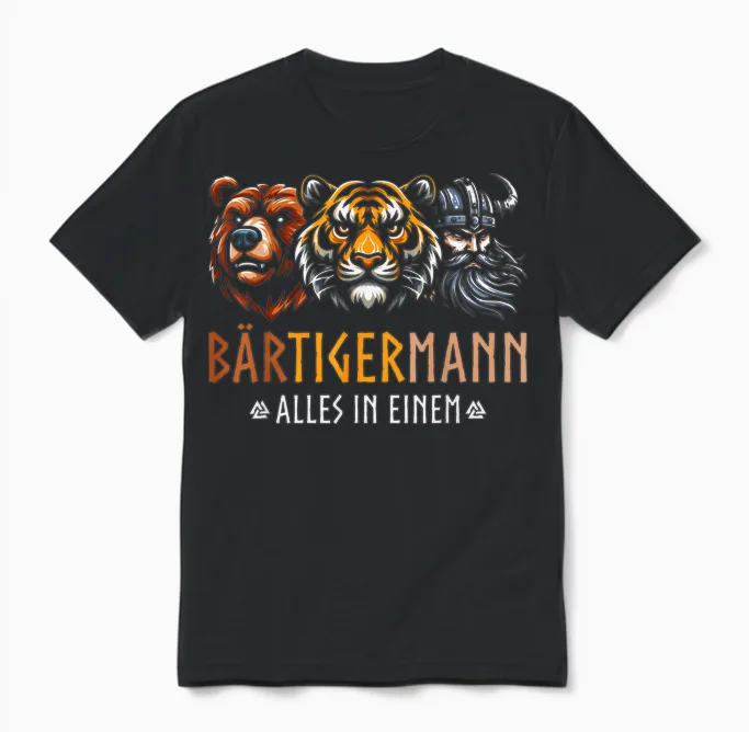 Bärtigermann Alles in Ein Bear Tiger Man Viking Unisex T-Shirt in Black