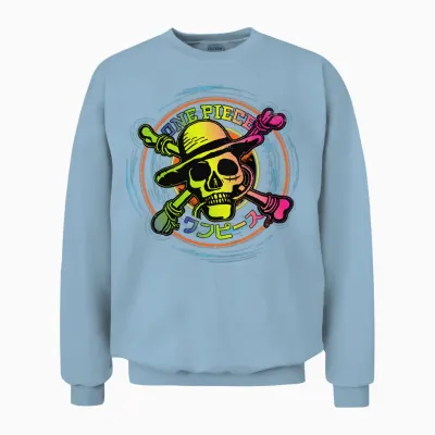 Children's One Piece Anime Straw Hat Pirates Color Logo Kanji Kids T-Shirt, Black, 2 Unisex Sweatshirt - Light Blue