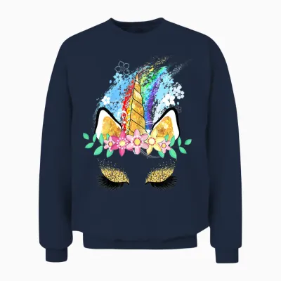 Einhorn Gesicht Regenbogen Frühling Ostern Blumen T-Shirt, White Unisex Sweatshirt - Navy