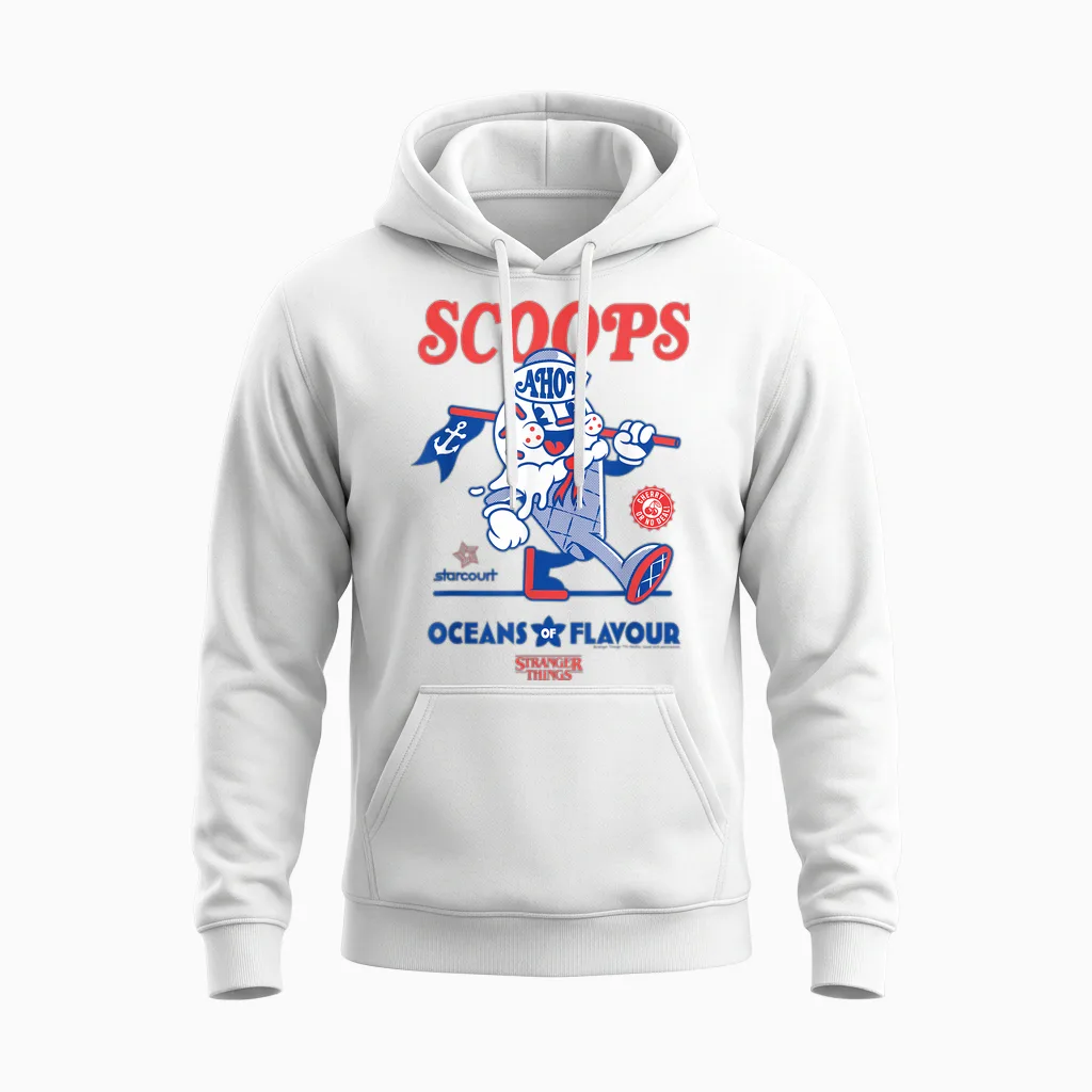 Stranger Things Scoops Ahoy Ice Cream Shop in Red/blue T-Shirt, White Unisex Hoodie in White