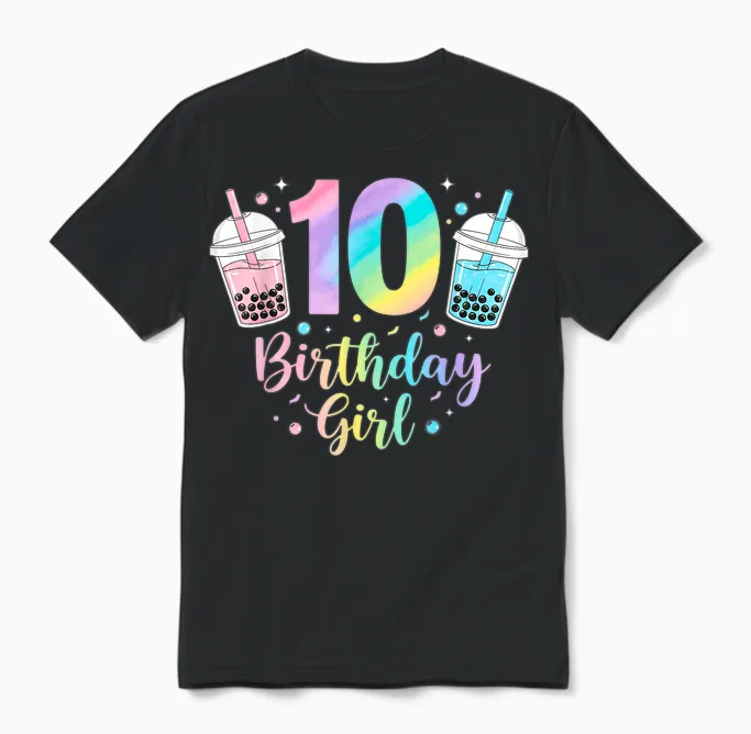 Bubble Boba Tea Sweet 10 Years Old 10th Birthday Girls Unisex T-Shirt in Black