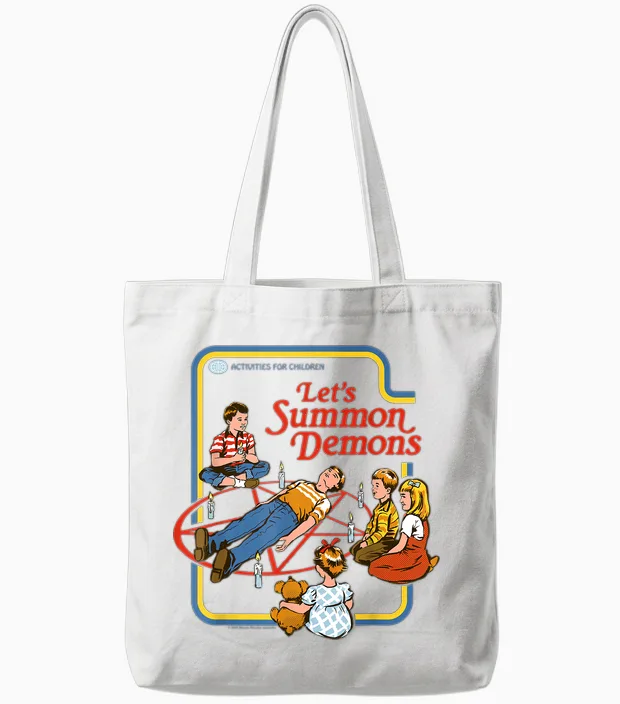 Lets Summon Demons Occult Retro Vintage Funny Adult Humor Tote Bags in White