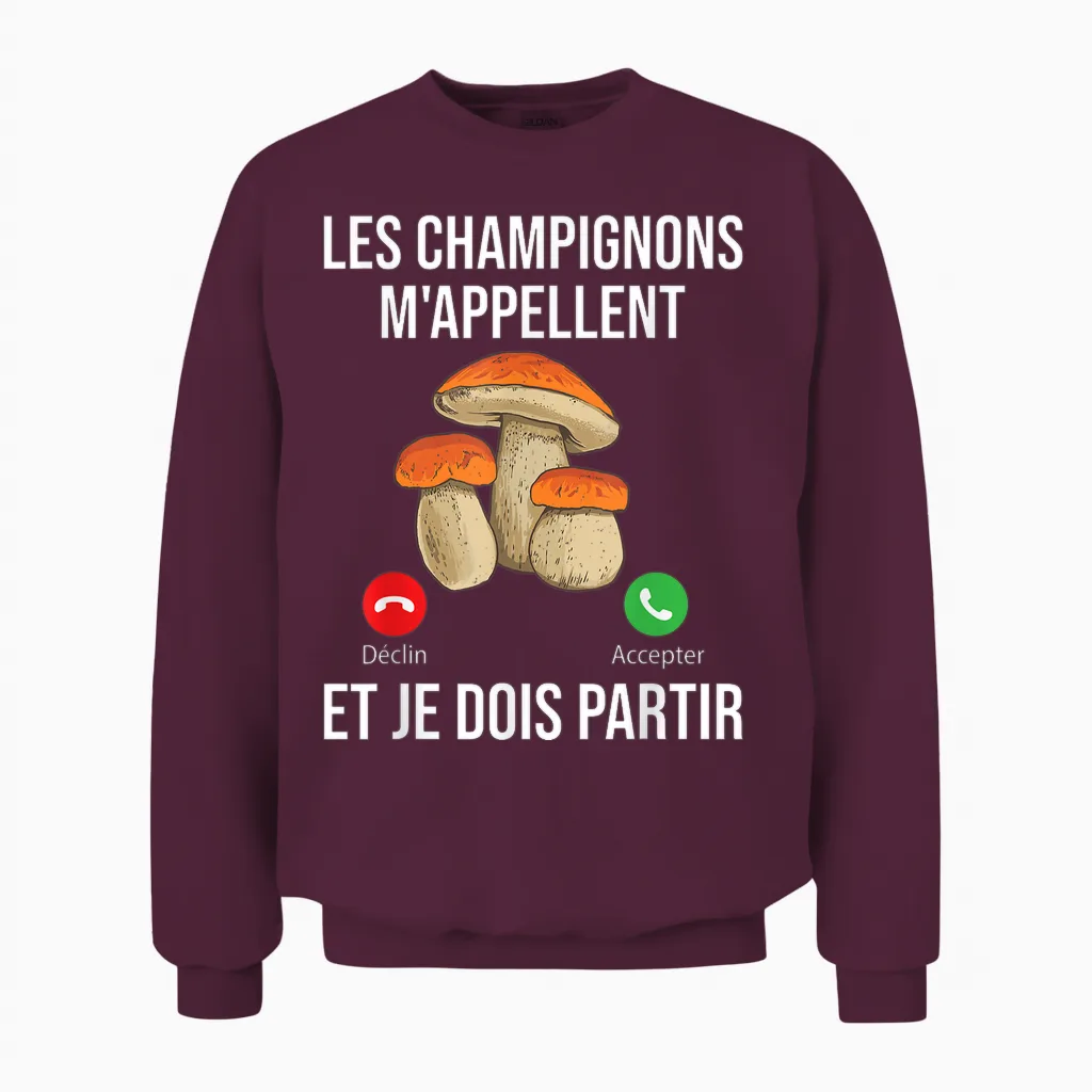 Mushrooms Call Me I Must Go Mushroom Porcini T-Shirt, Black, S Unisex Sweatshirt in Maroon