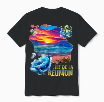 Reunion Island Sunset Sea Blue Whale Jellyfish T-Shirt, Black, S Unisex T-Shirt - Black