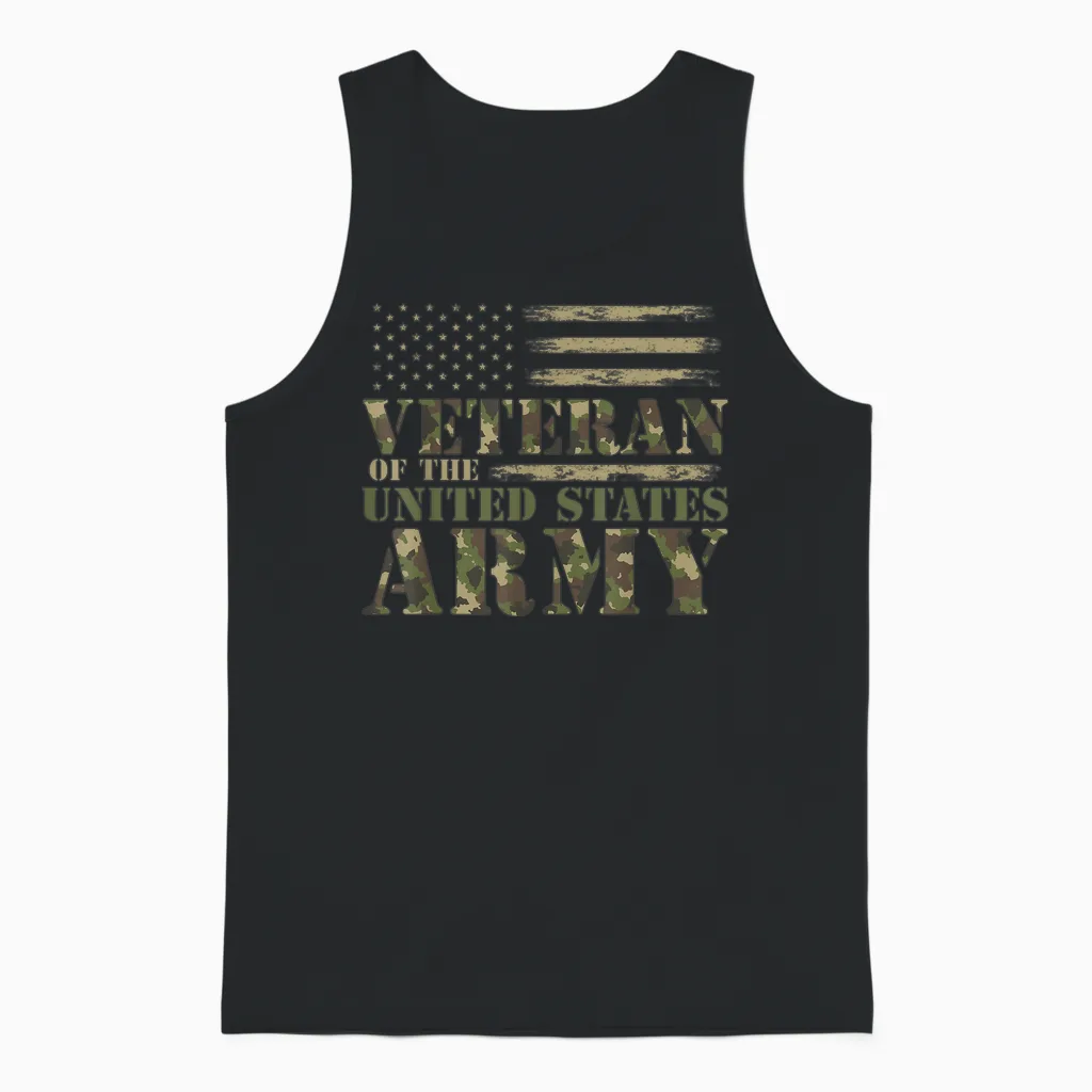 Veteran of the United States Army Camouflage Us Flag Veteran Unisex Tank Top in Black