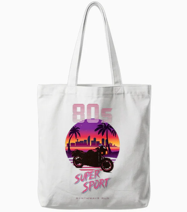 Moto Supersport Années 80 Synthwave Retro Sportbike Rider T-Shirt Haut De Gamme Tote Bags in White