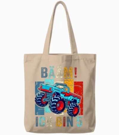 Children's T-Shirt 5 Years Boy Birthday Five Monster Truck Bäm I Am 5, Black Tote Bags - Natural