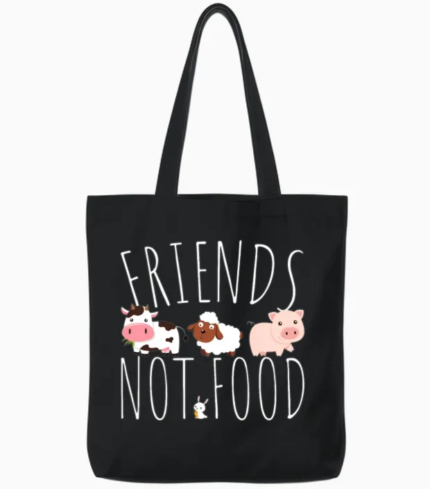 Friends Not Food Animal Lover Veggie Cute Vegan Tote Bags in Black