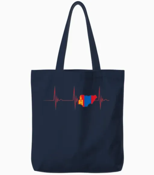 Mongolia Flag Heartbeat Ekg Pulse Map Mongolian Pride T-Shirt, Black, S Tote Bags - Navy
