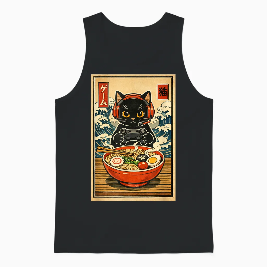 Kawaii Gamer Cat Funny Ramen Retro Cute Japanese Cat Gaming Unisex Tank Top in Black