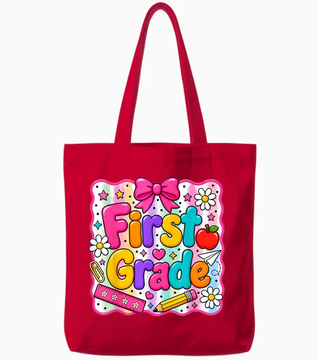 First Grade Back to School Coquette 1st Grade Teachers Girls Tote Bags in Red