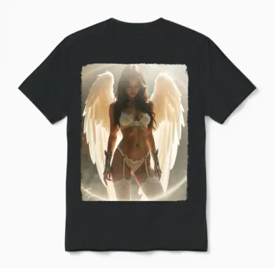 Sexy Brunette Angel Pinup Girl Long Sleeve Print Unisex T-Shirt - Black