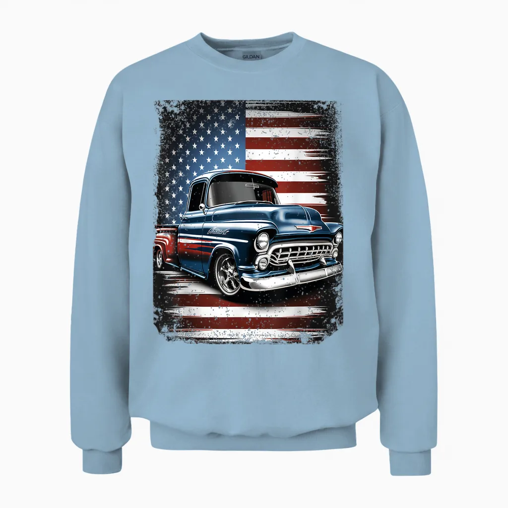 Classic Old Pickup Truck American Flag 4th of July Patriotic Unisex Sweatshirt in Light Blue