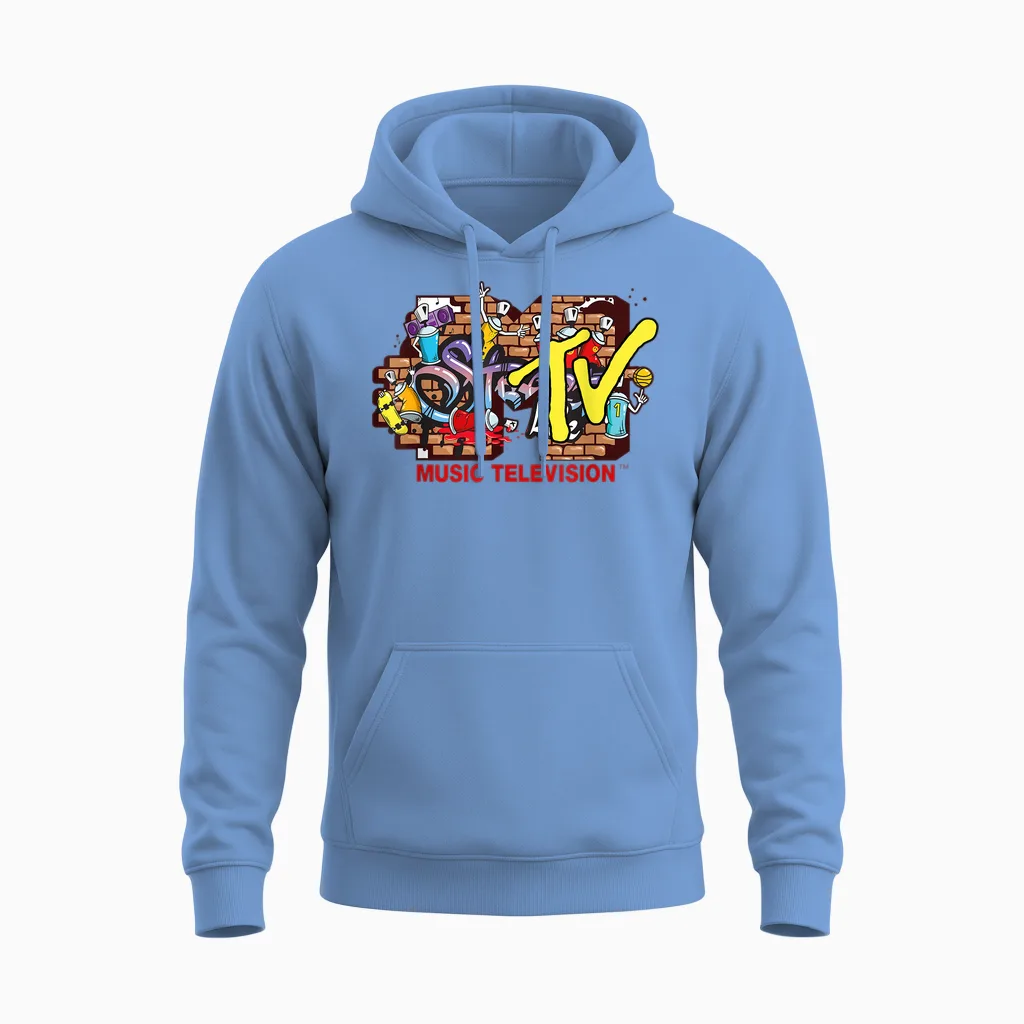 Mademark X Mtv - the Official Mtv Logo in Streetwear Style with Graffiti Wall Unisex Hoodie in Carolina Blue