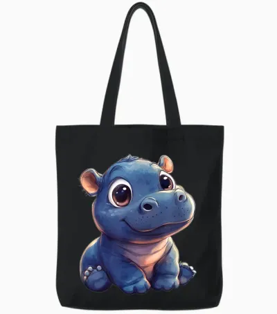 Adorable Hippo Moo Deng T-Shirt, Black, S Tote Bags - Black