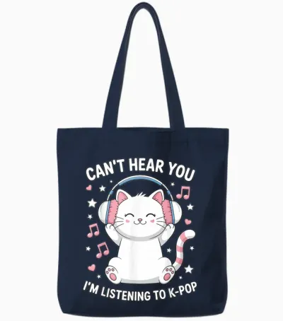Can't Hear You I'm Listening to K-Pop Lover Cute Cat Kawaii Tote Bags - Navy