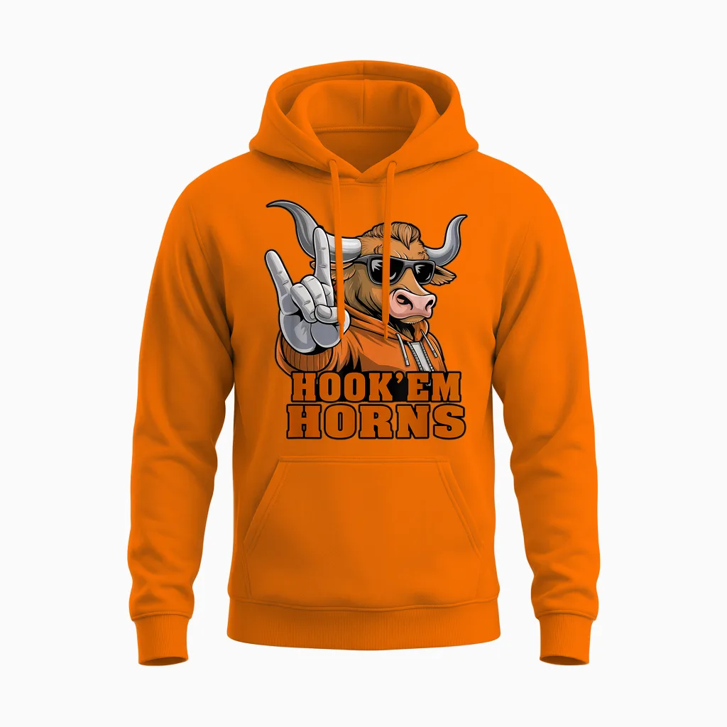 Vintage Longhorn Men Women Kids Girls Boys Spirit Evergreen Unisex Hoodie in Safety Orange