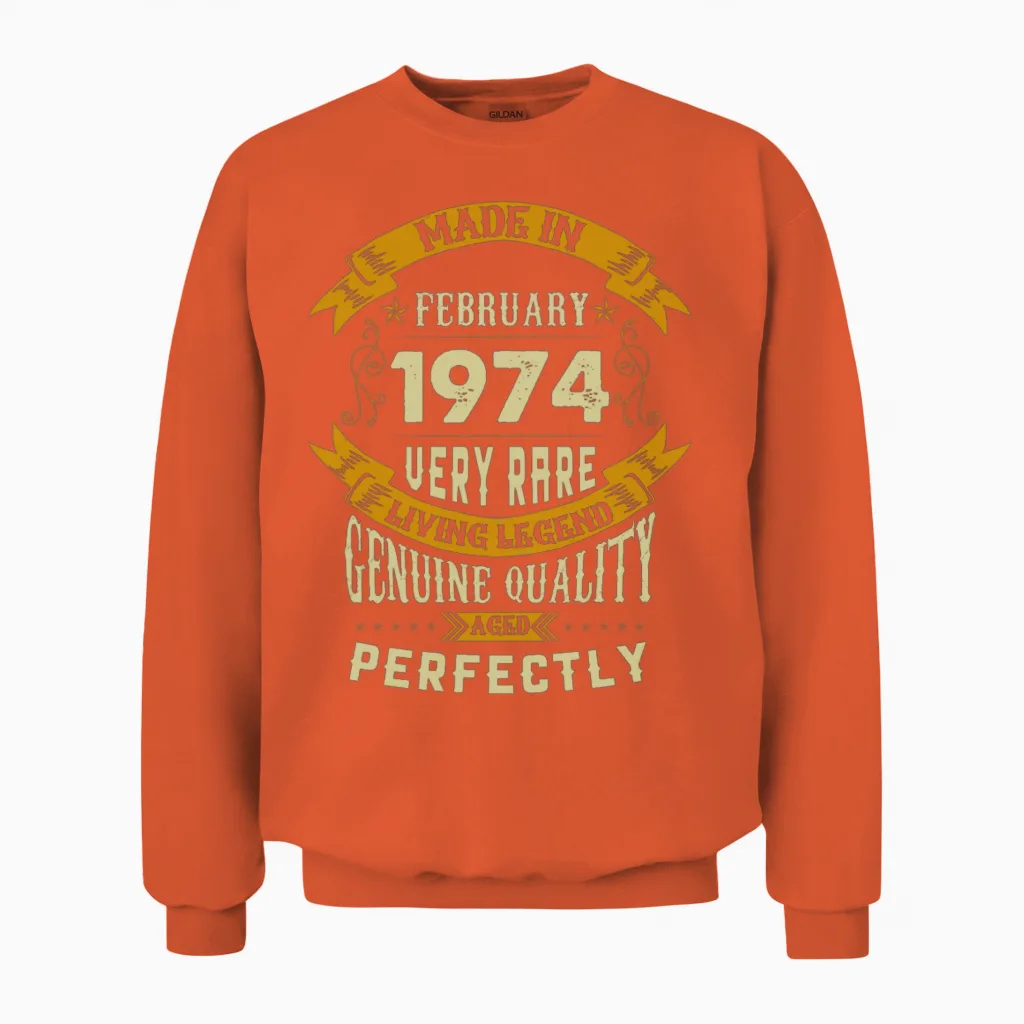 February 1974 Vintage Birthday Present Unisex Sweatshirt in Orange