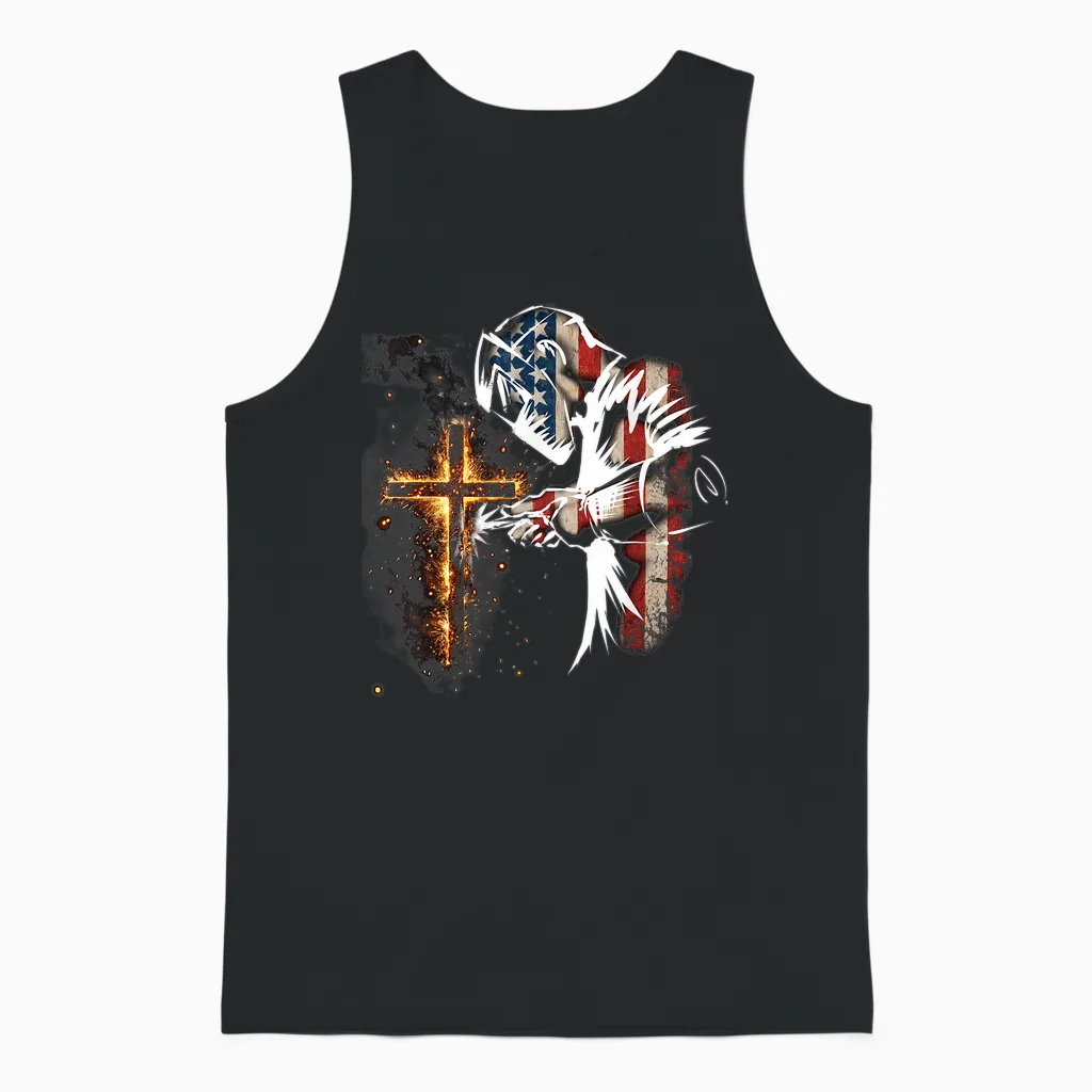 Welder American Flag Mig Tig Welding Faith Cross Christian Unisex Tank Top in Black