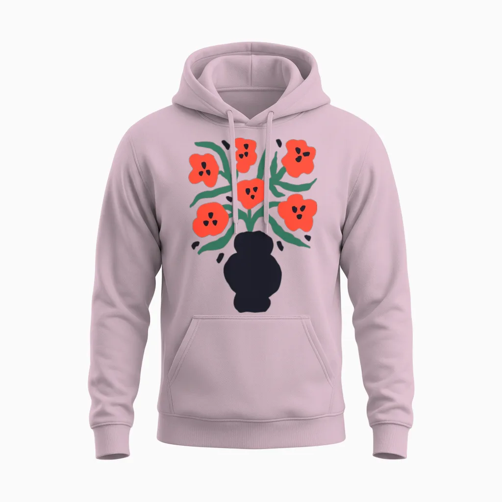 Vibrant Floral Vase Artwork & Botanical Gift Unisex Hoodie in Light Pink