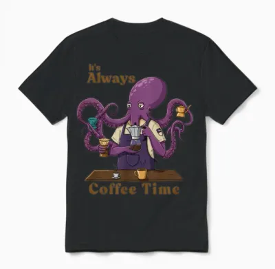 Cosmic Barista Octopus | Funny Coffee Time Design Unisex T-Shirt - Black