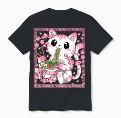 Japanische Anime Katze Ramen Nudeln Manga Kawaii Mädchen Unisex T-Shirt - Black