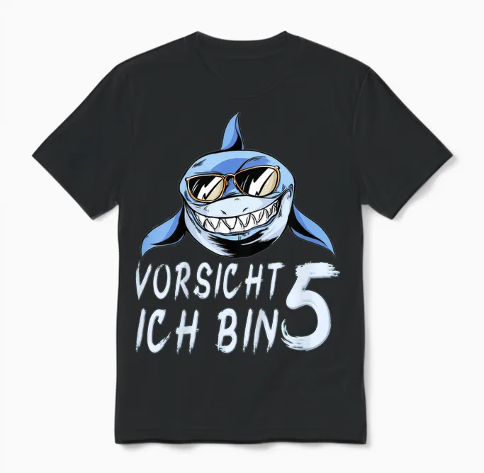 Kinder Hai 5 Jahre Geburtstagsshirt Junge Haifisch Hai 5 Geburtstag Unisex T-Shirt in Black