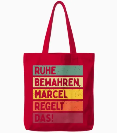 T-Shirt with German Text "ruhe Bewahren Marcel Regelt Das Spruch in Retro Farben [, Black Tote Bags - Red