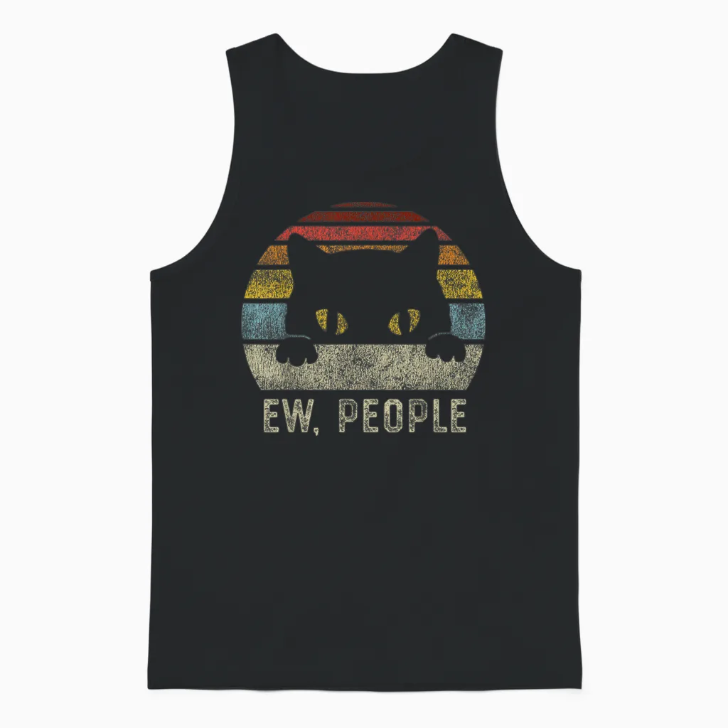 Ew People Retro Cat Funny Vintage Anti Social Introvert Unisex Tank Top in Black