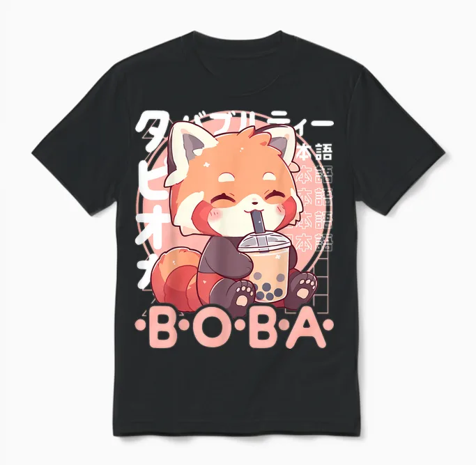 Red Panda Boba Tee Kawaii Bubble Tea Red Panda Anime Neko T-Shirt, Black Unisex T-Shirt in Black