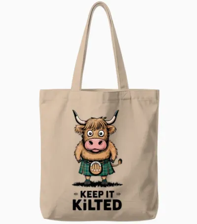 Highland Cattle Bull Wearing Kilt Keep It Kilted Tote Bags - Natural