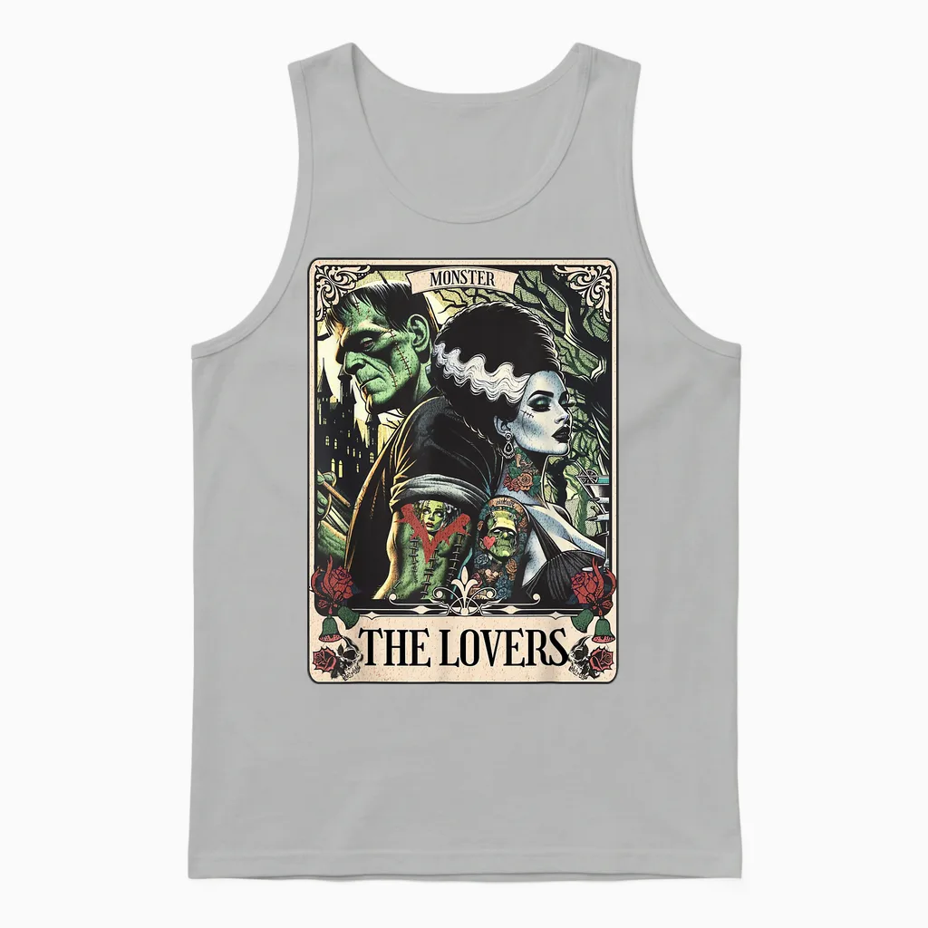 The Monster Frankenstein and Bride the Lovers Tarot Card Unisex Tank Top in Ash