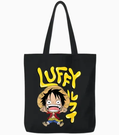 One Piece Anime Luffy Chibi with Bubble Letters Tote Bags - Black