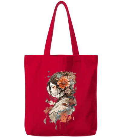 Aesthetic Japanese Art Geisha with Rose Tote Bags - Red