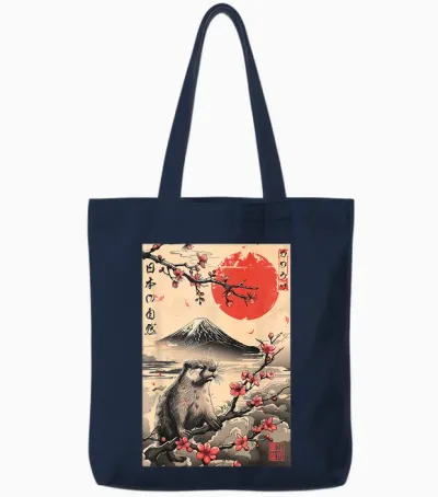 Niedlicher Otter Japanische Natur Mount Fuji Sakura ästhetik Tote Bags - Navy