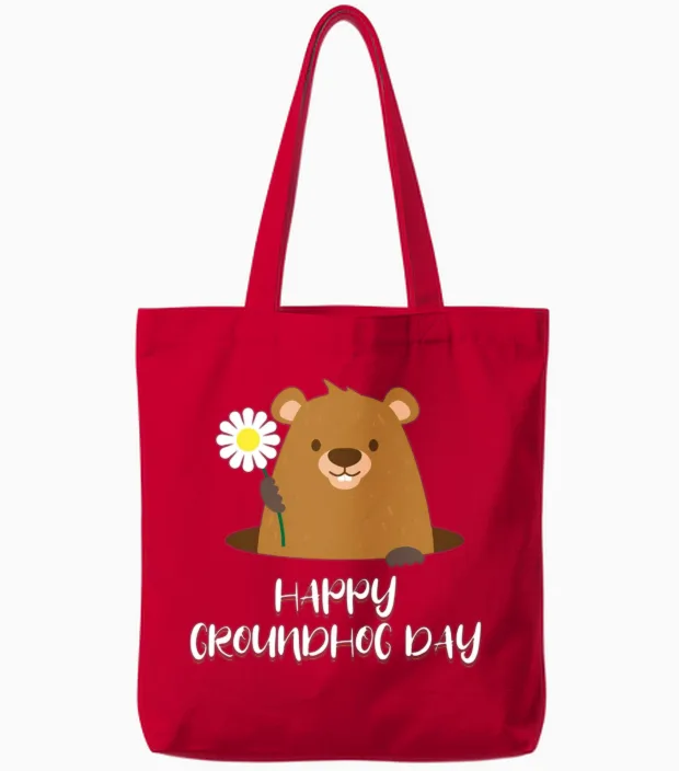 Woodchuck with Flower Happy Groundhog Day Tote Bags in Red
