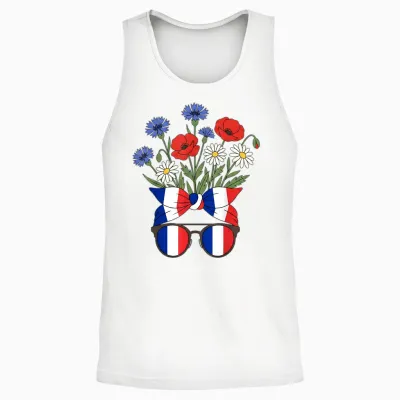 France Fête Nationale Femme Patriote Fleurs Lunettes Unisex Tank Top - White